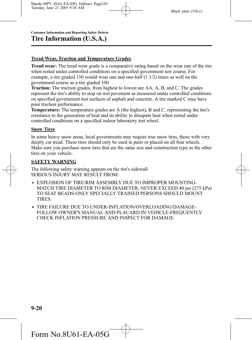 Tire information (u.s.a.) | Mazda 2006 MPV User Manual | Page 330 / 364