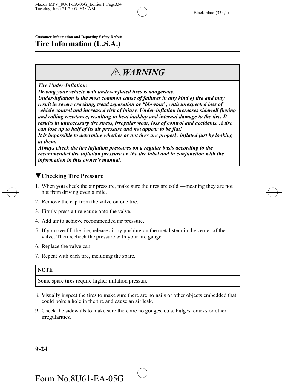 Warning, Tire information (u.s.a.) | Mazda 2006 MPV User Manual | Page 334 / 364