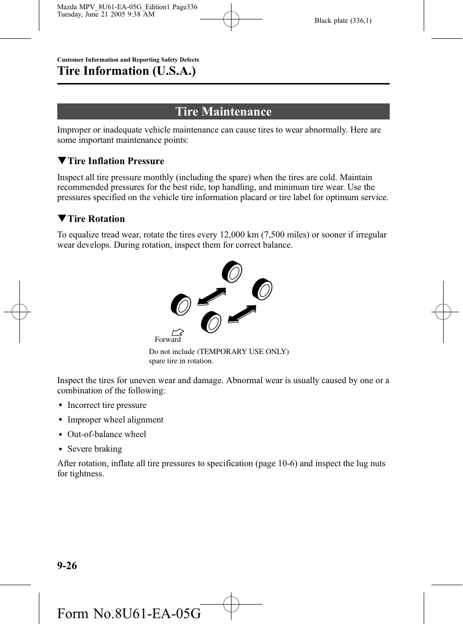 Tire maintenance, Tire maintenance -26, Tire information (u.s.a.) | Mazda 2006 MPV User Manual | Page 336 / 364