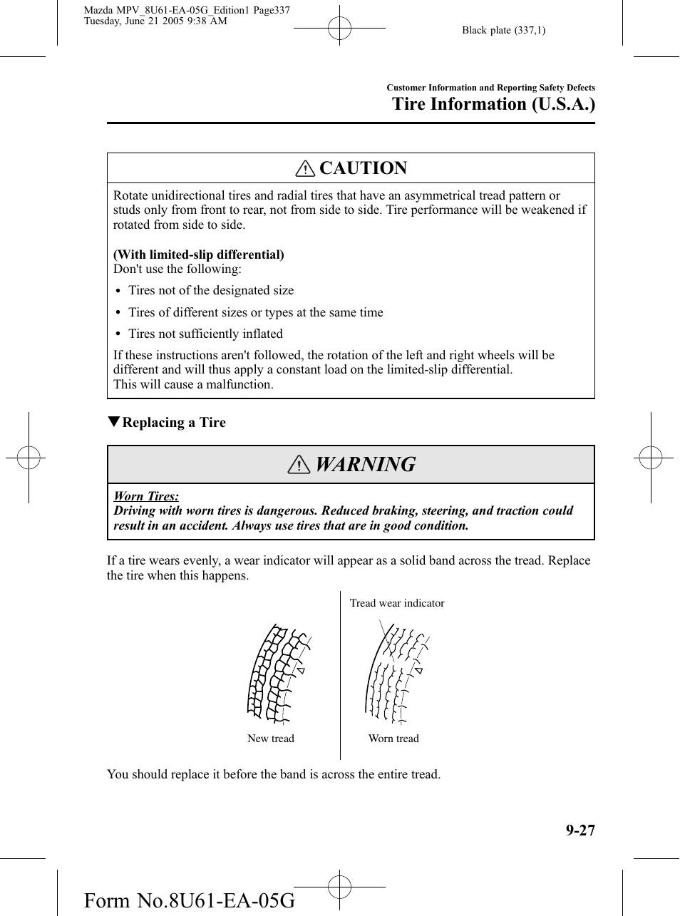 Warning, Caution, Tire information (u.s.a.) | Mazda 2006 MPV User Manual | Page 337 / 364