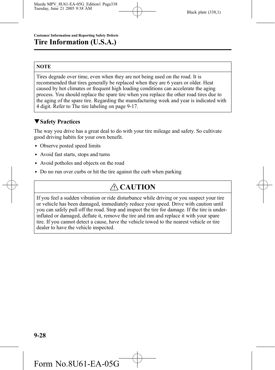 Caution, Tire information (u.s.a.) | Mazda 2006 MPV User Manual | Page 338 / 364