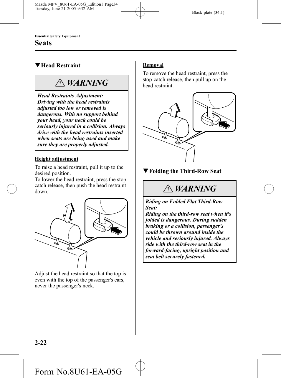 Warning, Seats | Mazda 2006 MPV User Manual | Page 34 / 364