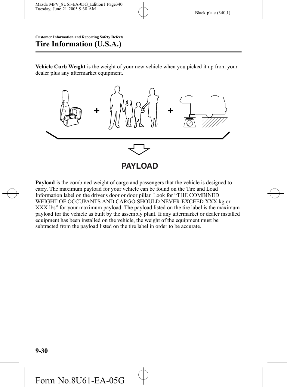 Payload, Tire information (u.s.a.) | Mazda 2006 MPV User Manual | Page 340 / 364