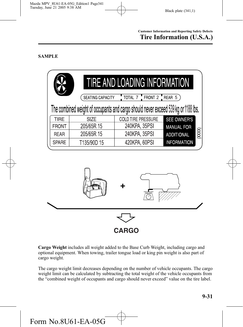 Cargo, Tire information (u.s.a.) | Mazda 2006 MPV User Manual | Page 341 / 364