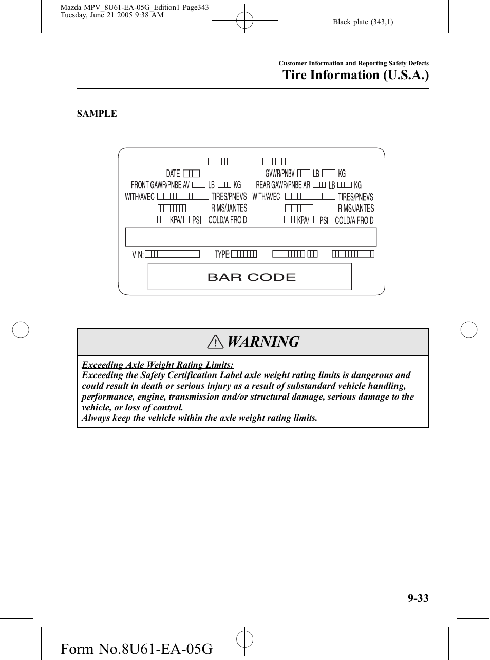 Warning, Tire information (u.s.a.) | Mazda 2006 MPV User Manual | Page 343 / 364