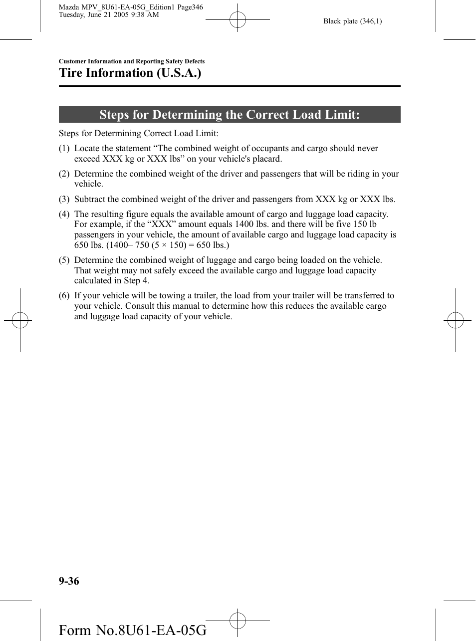 Steps for determining the correct load limit, Steps for determining the correct load limit: -36, Tire information (u.s.a.) | Mazda 2006 MPV User Manual | Page 346 / 364