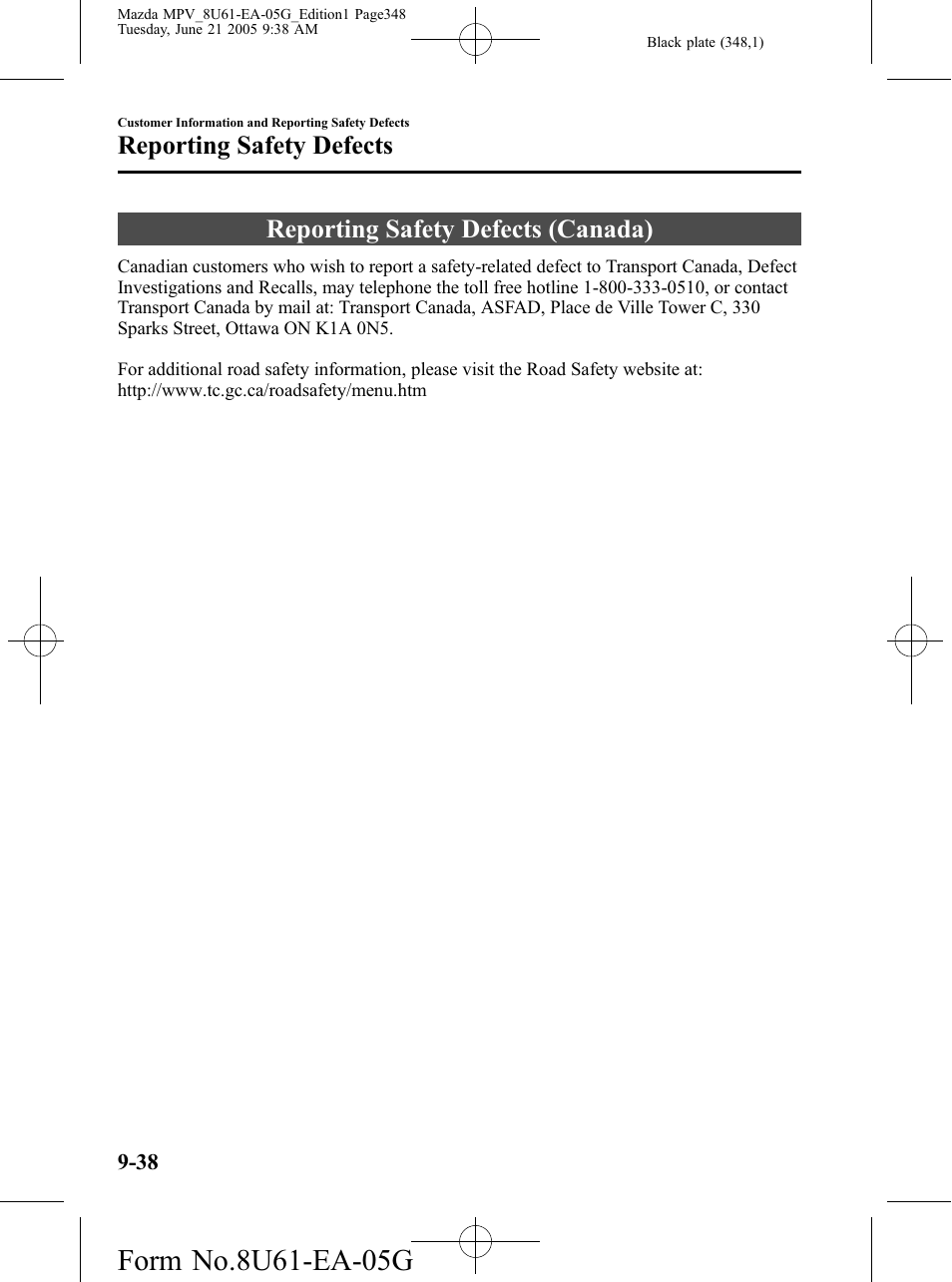 Reporting safety defects (canada), Reporting safety defects (canada) -38, Reporting safety defects | Mazda 2006 MPV User Manual | Page 348 / 364
