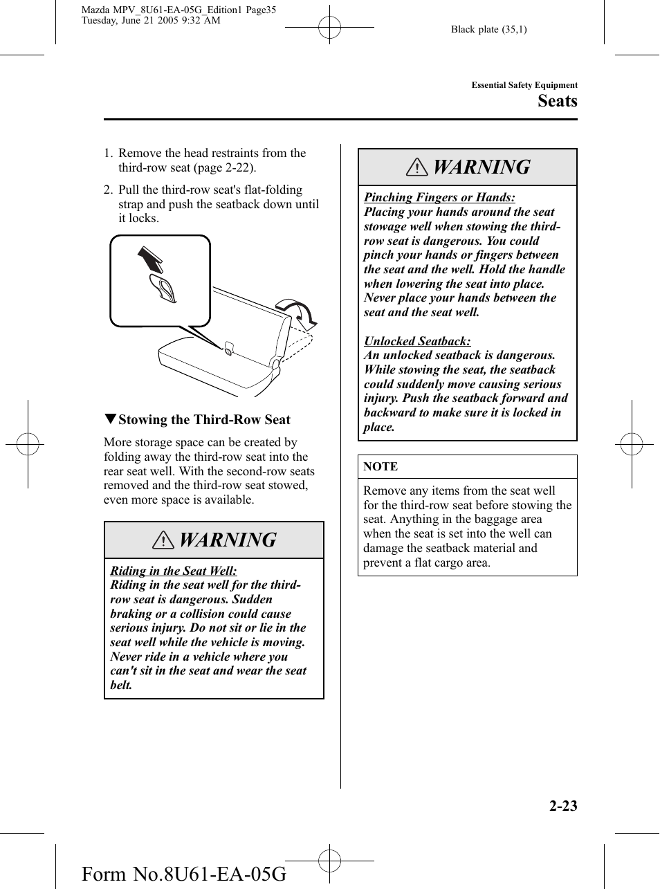 Warning, Seats | Mazda 2006 MPV User Manual | Page 35 / 364