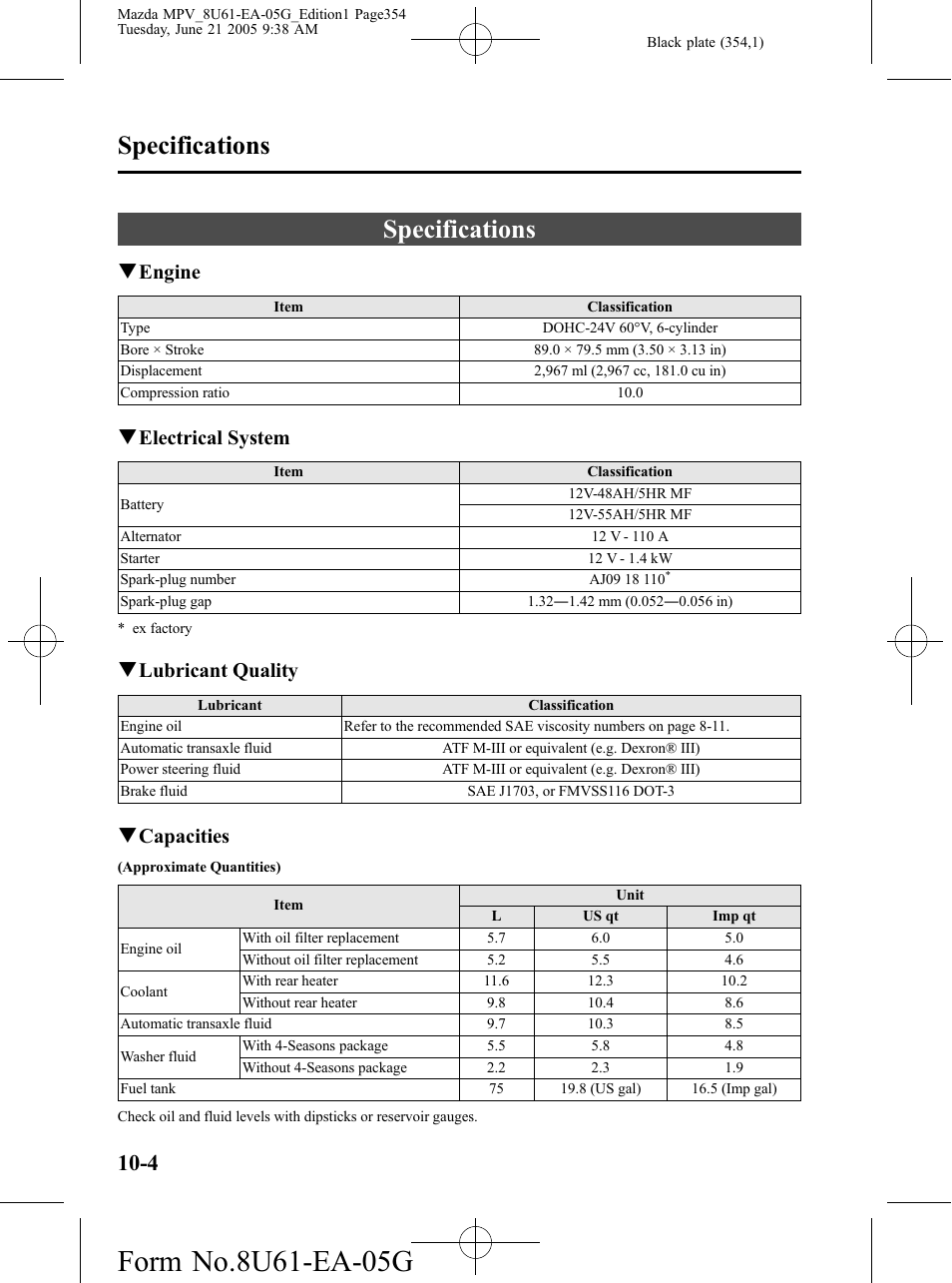 Specifications, Specifications -4, Qengine | Qelectrical system, Qlubricant quality, Qcapacities | Mazda 2006 MPV User Manual | Page 354 / 364