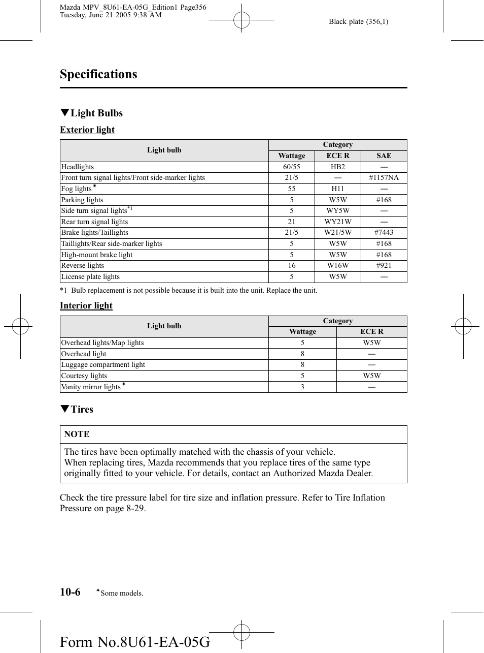 Specifications, Qlight bulbs, Qtires | Mazda 2006 MPV User Manual | Page 356 / 364