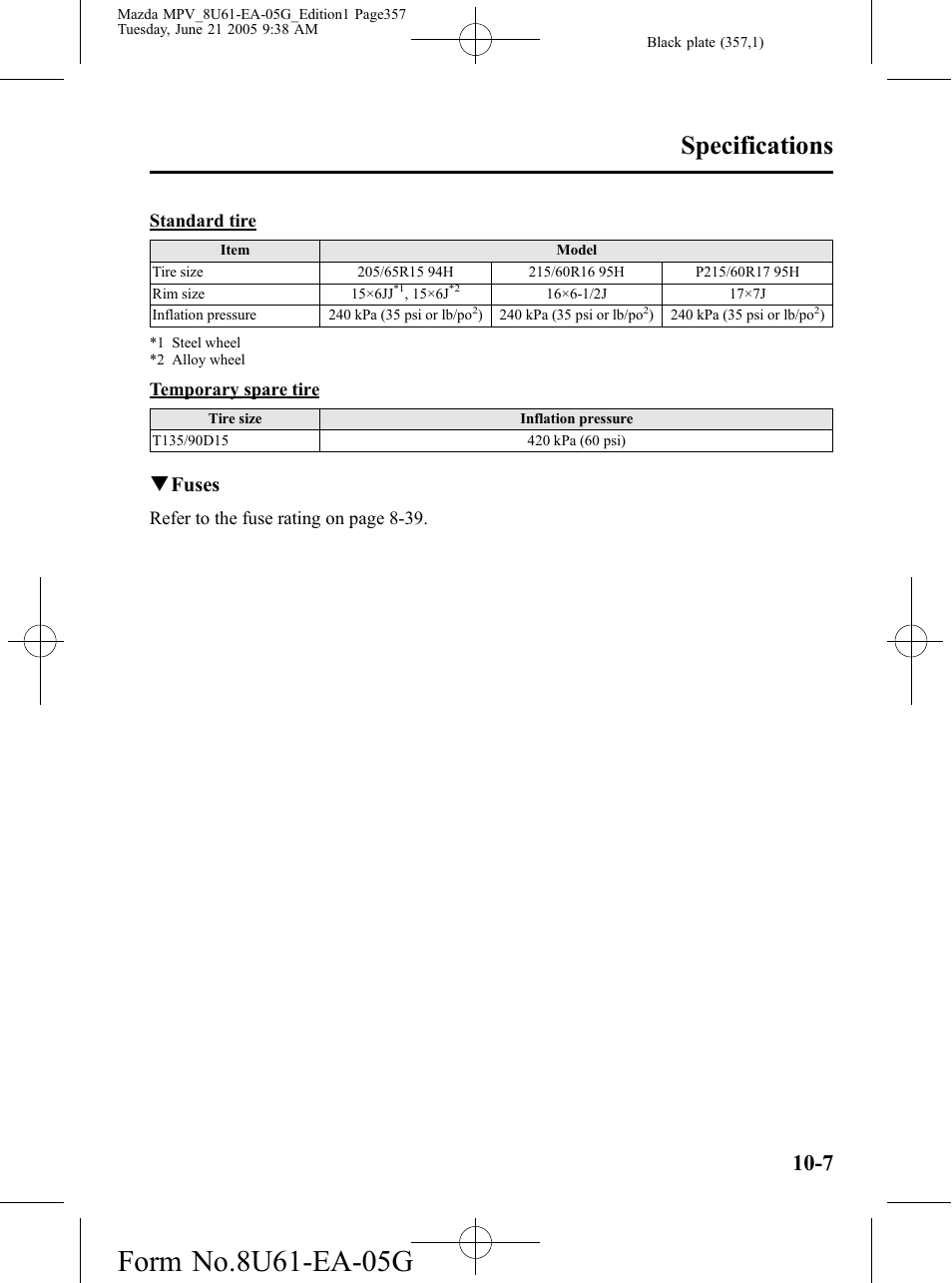 Specifications, Qfuses | Mazda 2006 MPV User Manual | Page 357 / 364