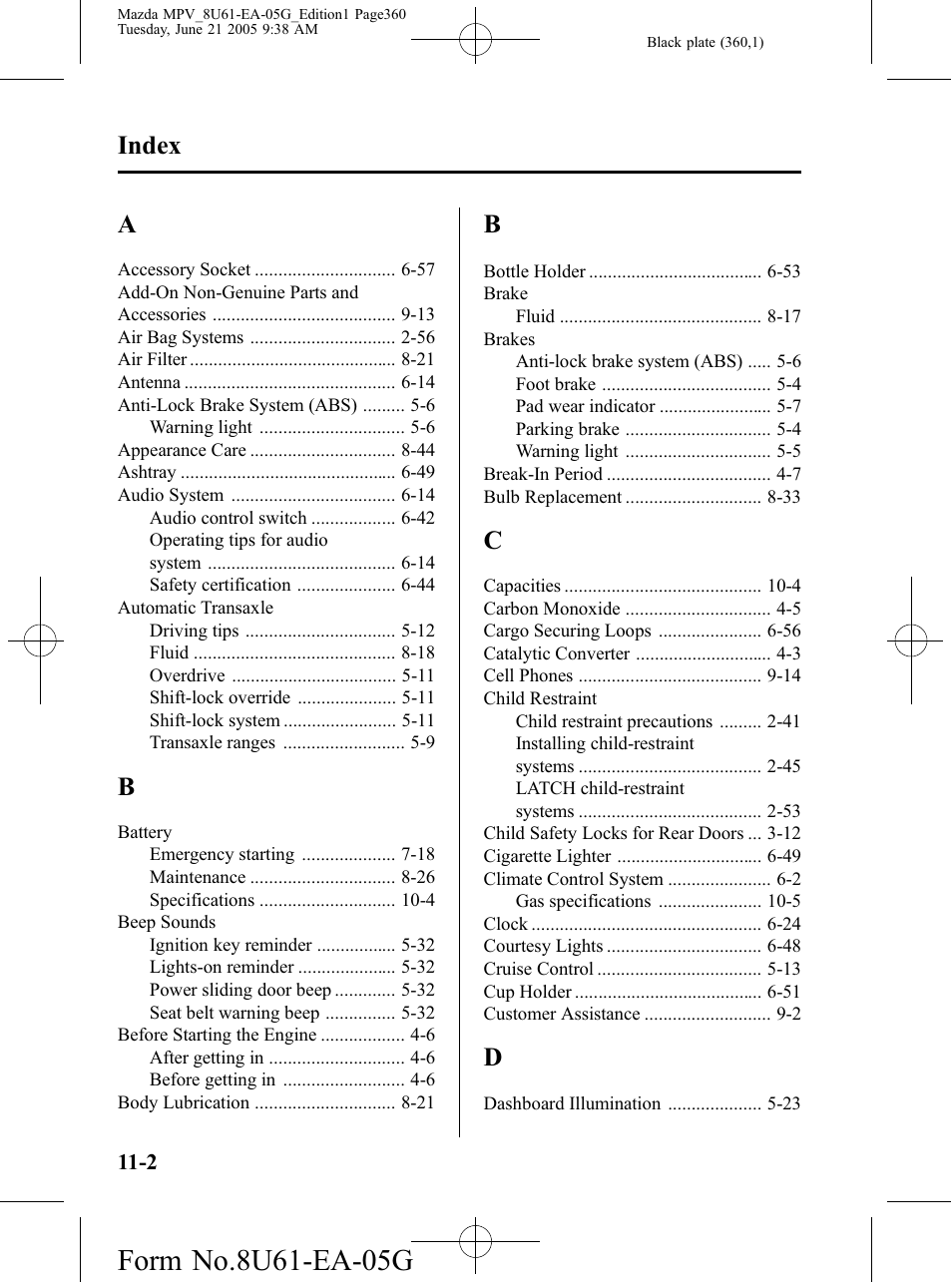 Index | Mazda 2006 MPV User Manual | Page 360 / 364