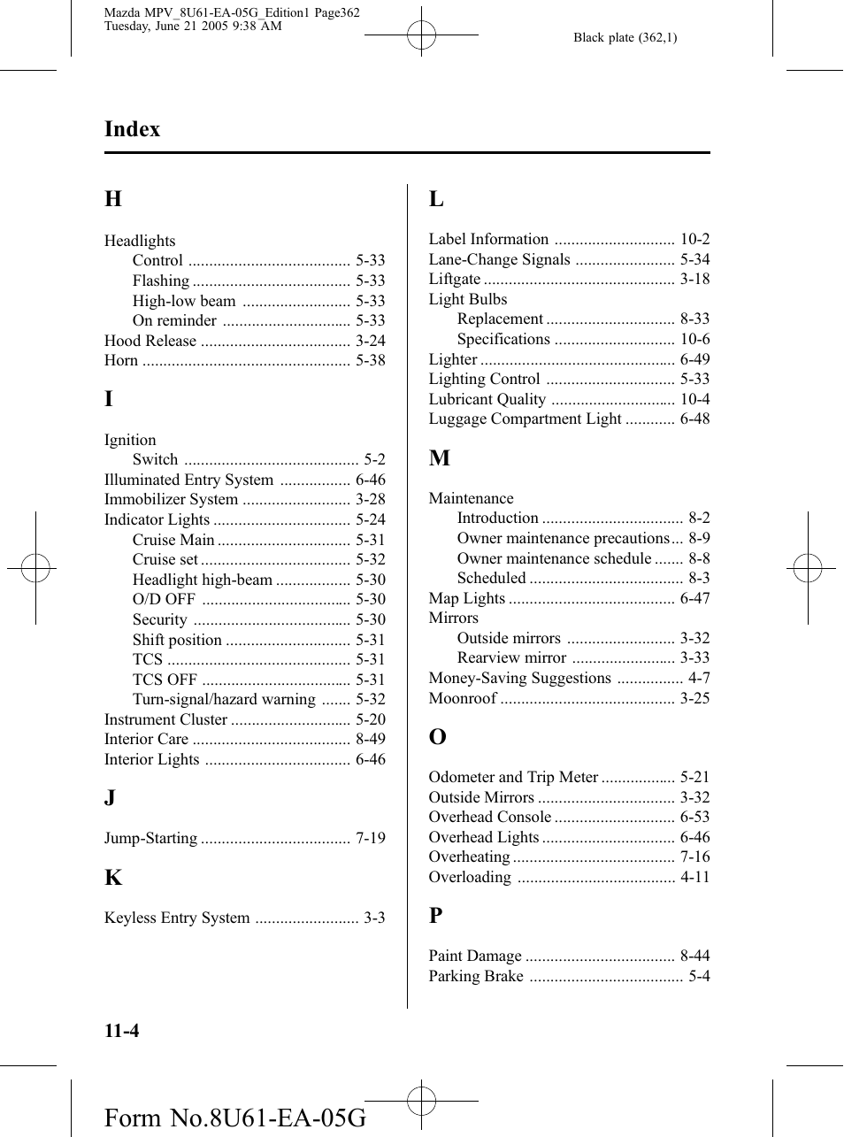 Index | Mazda 2006 MPV User Manual | Page 362 / 364