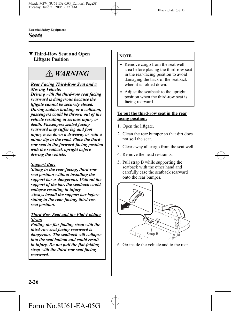 Warning, Seats | Mazda 2006 MPV User Manual | Page 38 / 364