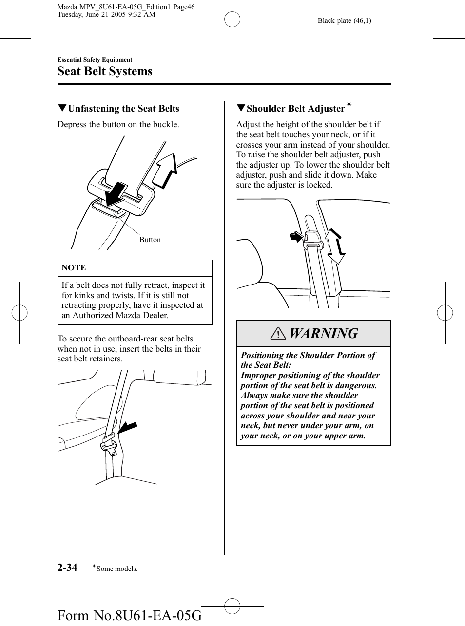 Warning, Seat belt systems | Mazda 2006 MPV User Manual | Page 46 / 364