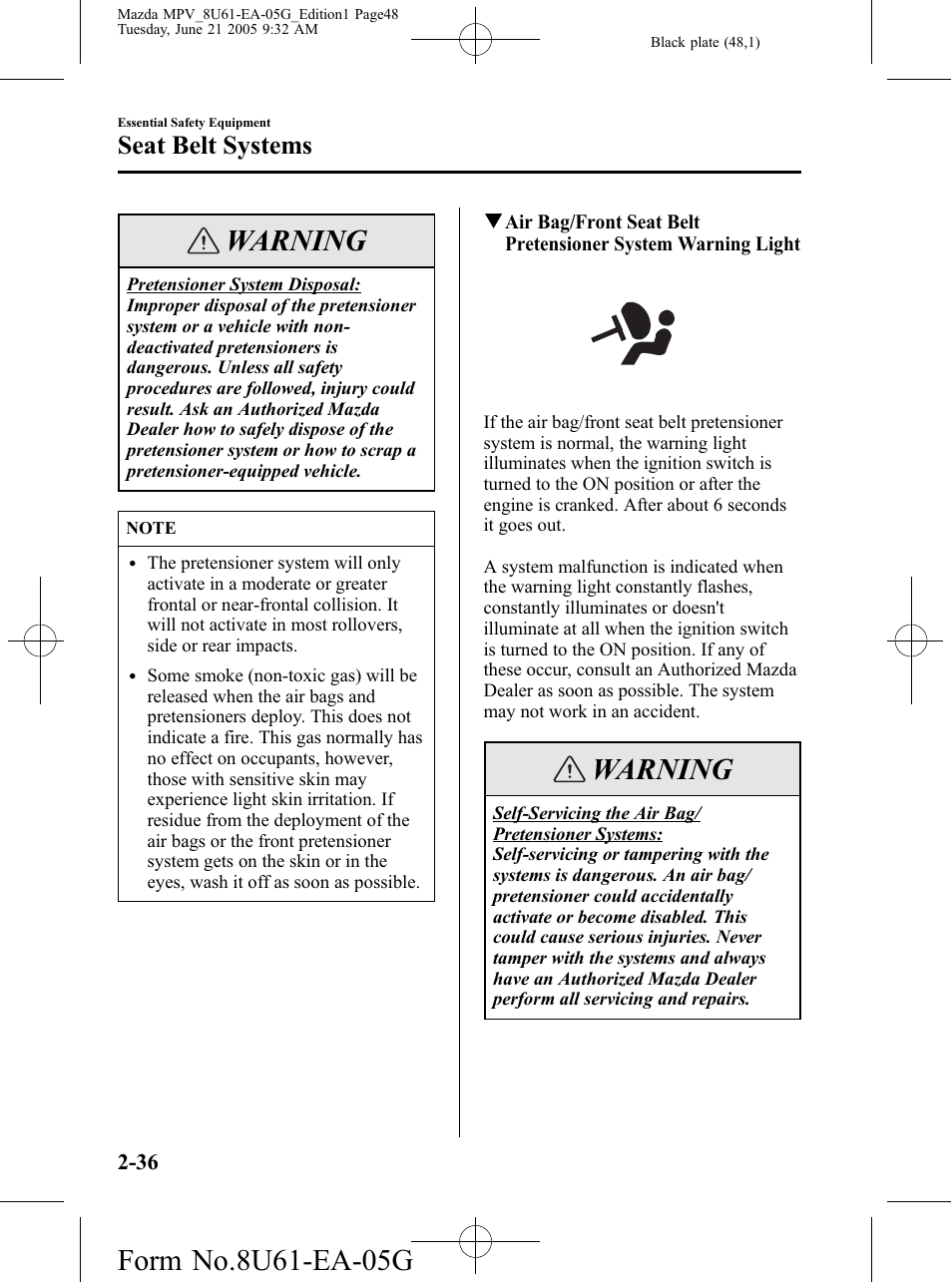 Warning, Seat belt systems | Mazda 2006 MPV User Manual | Page 48 / 364