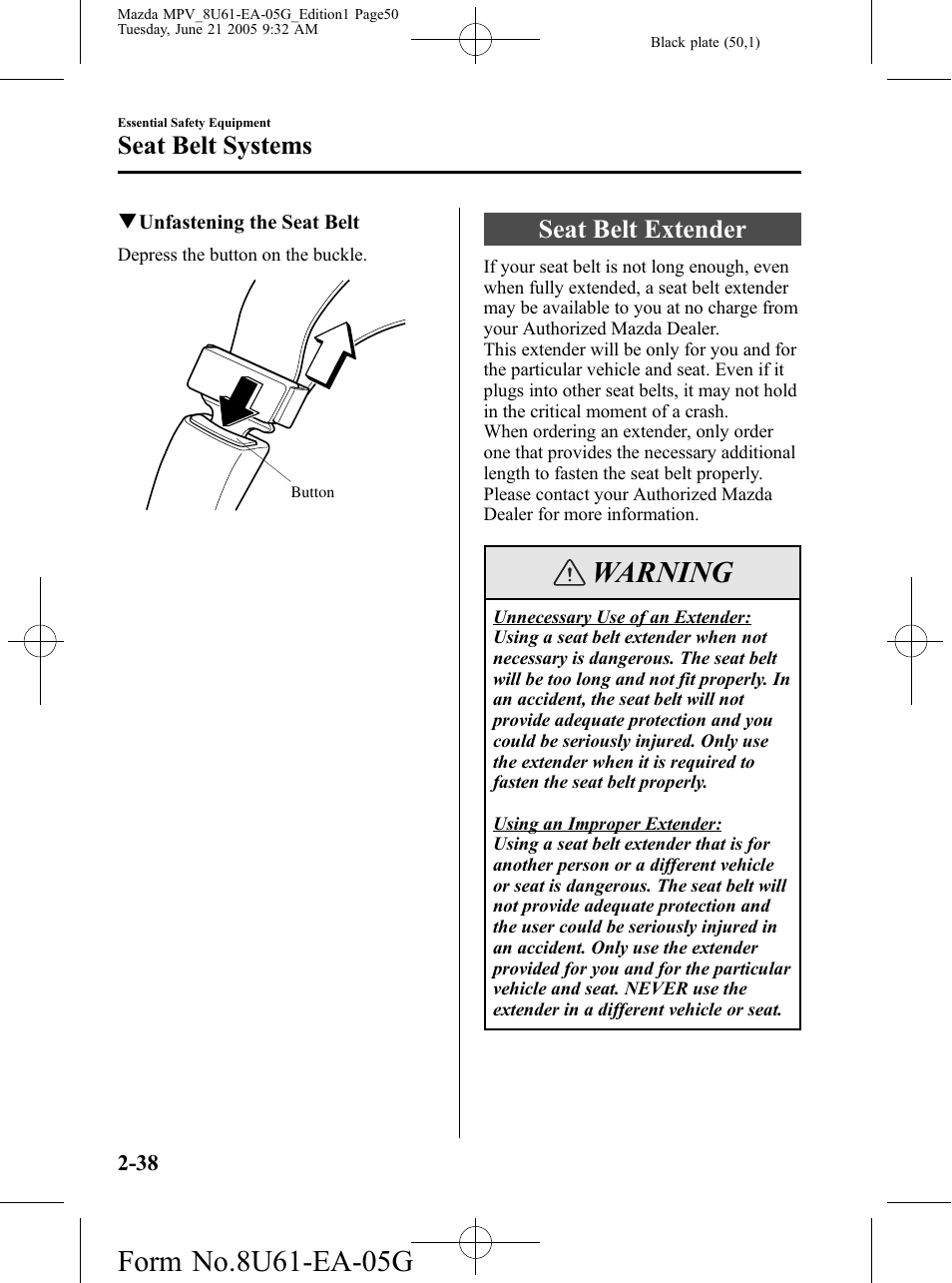 Seat belt extender, Seat belt extender -38, Warning | Seat belt systems | Mazda 2006 MPV User Manual | Page 50 / 364