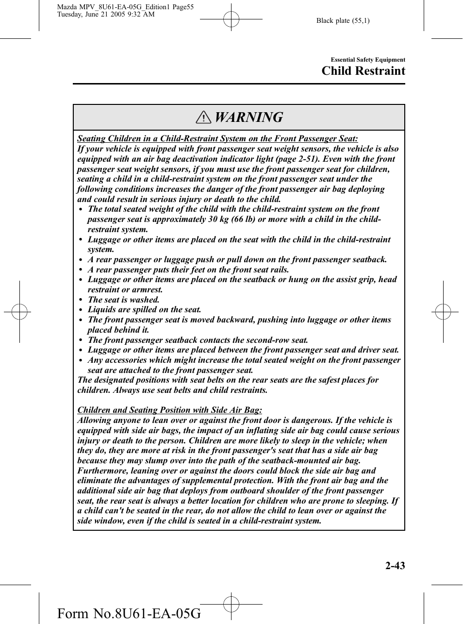 Warning, Child restraint | Mazda 2006 MPV User Manual | Page 55 / 364