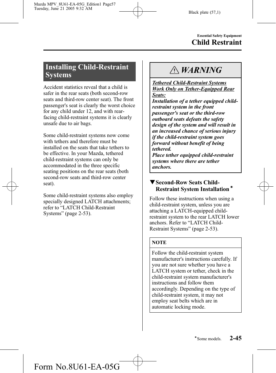 Installing child-restraint systems, Installing child-restraint systems -45, Warning | Child restraint | Mazda 2006 MPV User Manual | Page 57 / 364