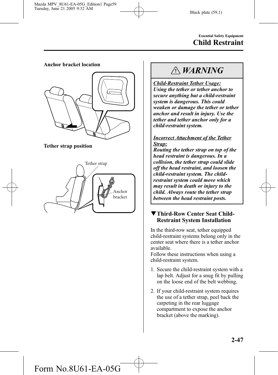 Warning, Child restraint | Mazda 2006 MPV User Manual | Page 59 / 364