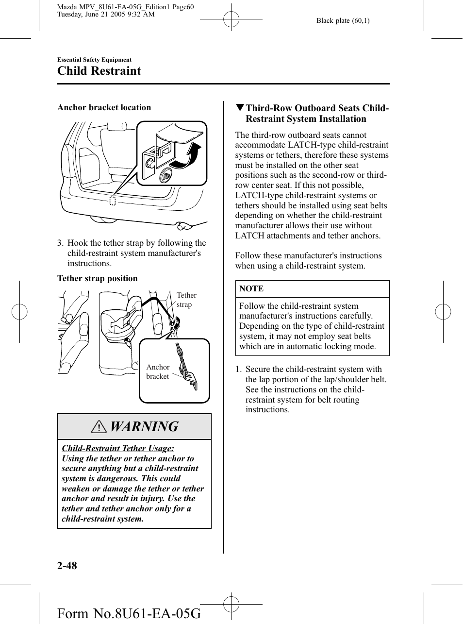 Warning, Child restraint | Mazda 2006 MPV User Manual | Page 60 / 364