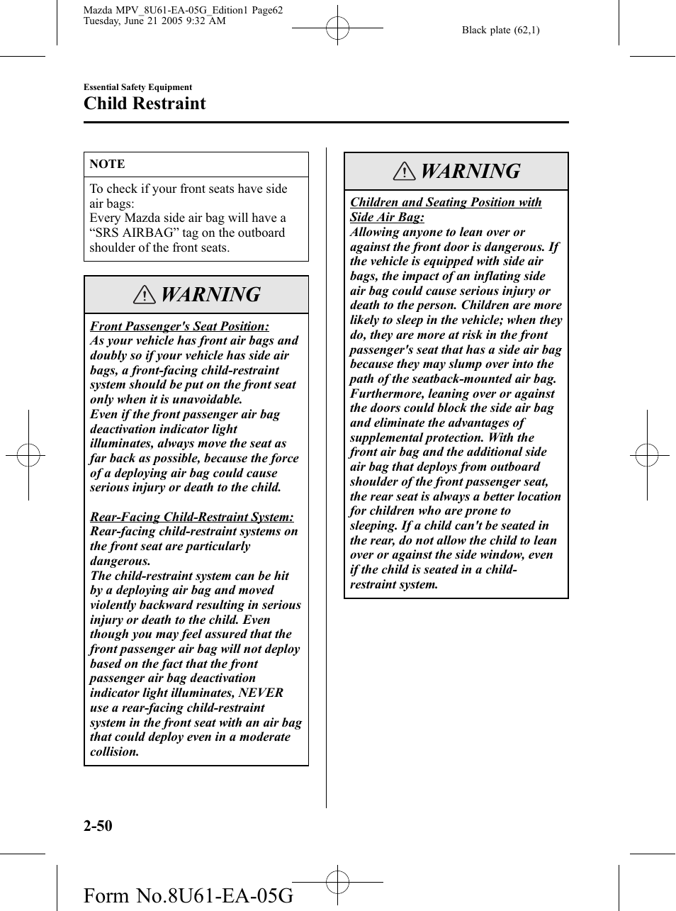 Warning, Child restraint | Mazda 2006 MPV User Manual | Page 62 / 364