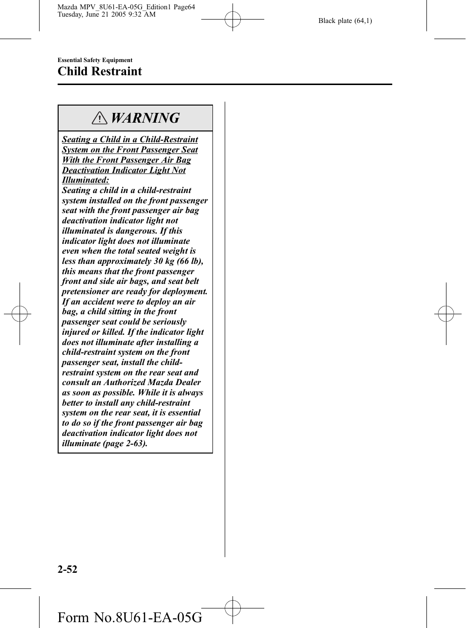Warning, Child restraint | Mazda 2006 MPV User Manual | Page 64 / 364