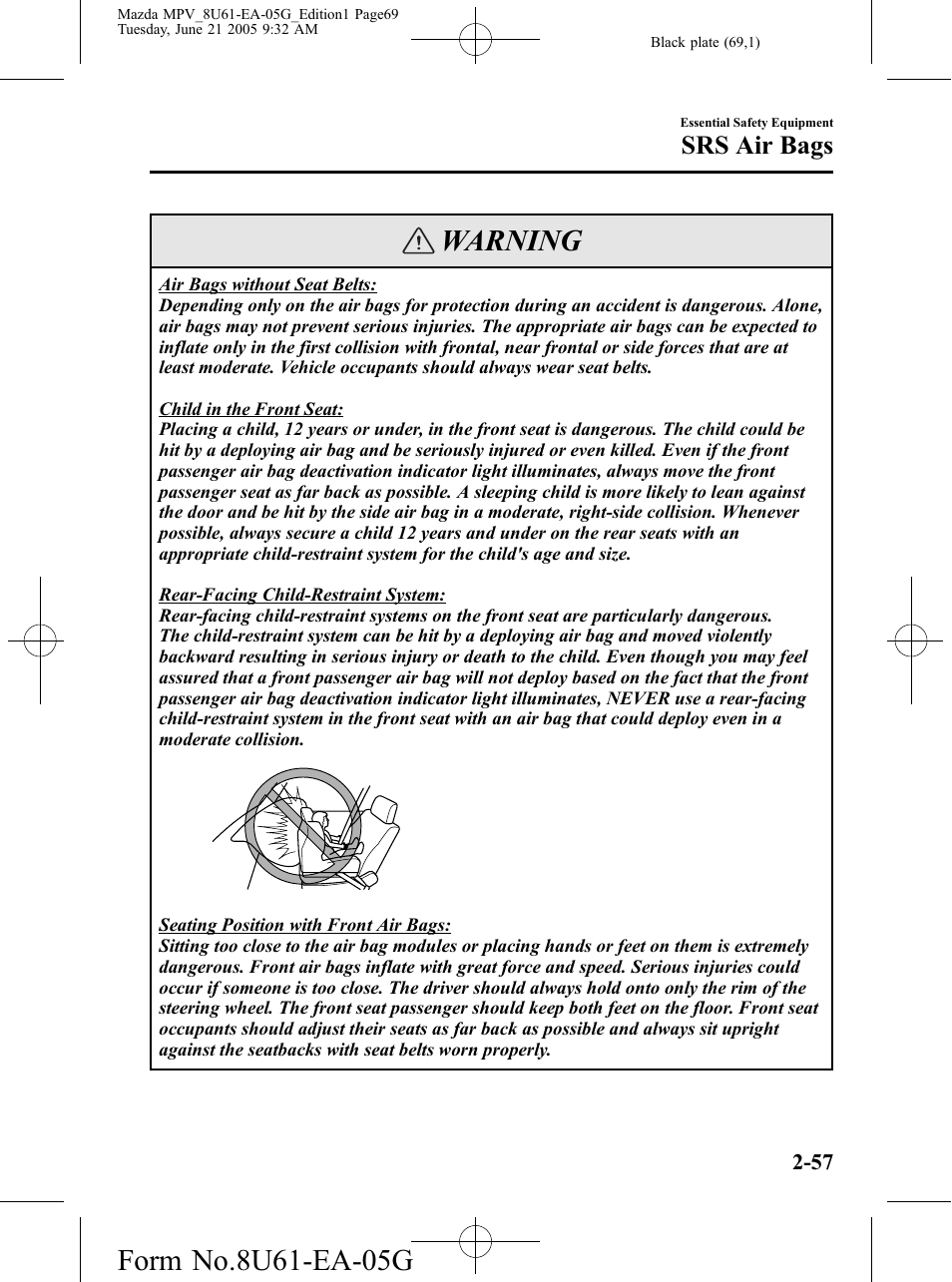 Warning, Srs air bags | Mazda 2006 MPV User Manual | Page 69 / 364
