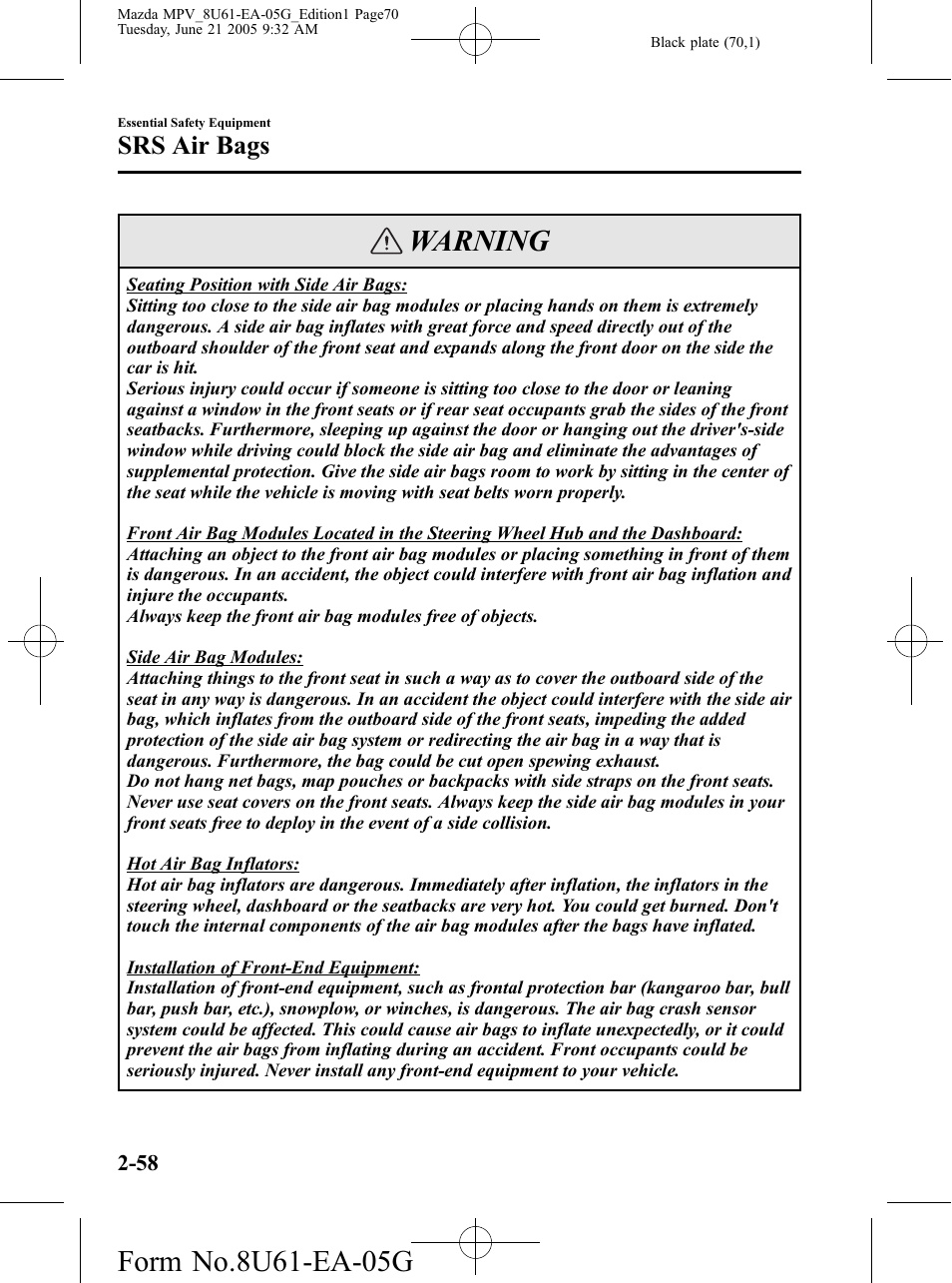 Warning, Srs air bags | Mazda 2006 MPV User Manual | Page 70 / 364