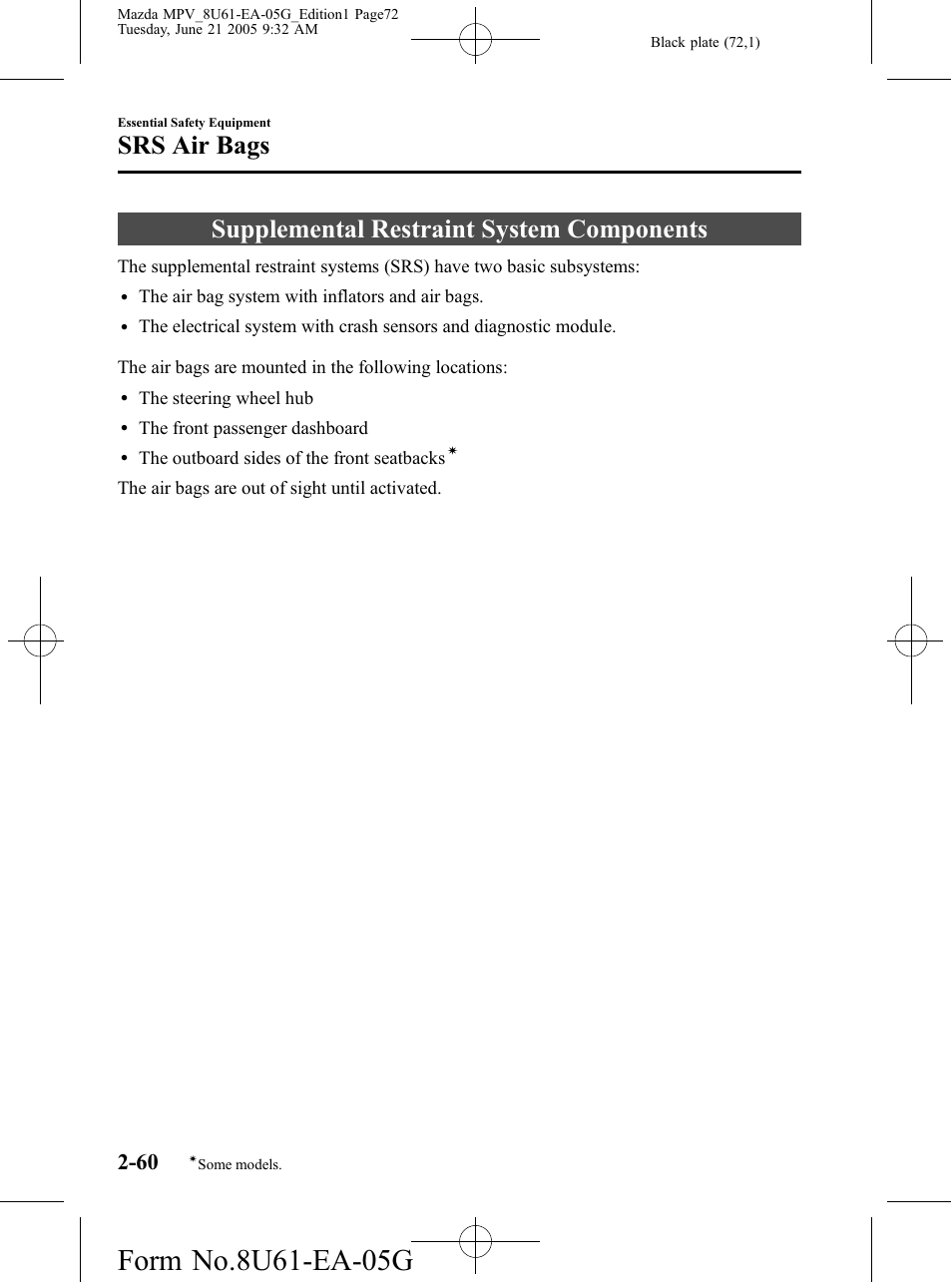 Supplemental restraint system components, Supplemental restraint system components -60, Srs air bags | Mazda 2006 MPV User Manual | Page 72 / 364