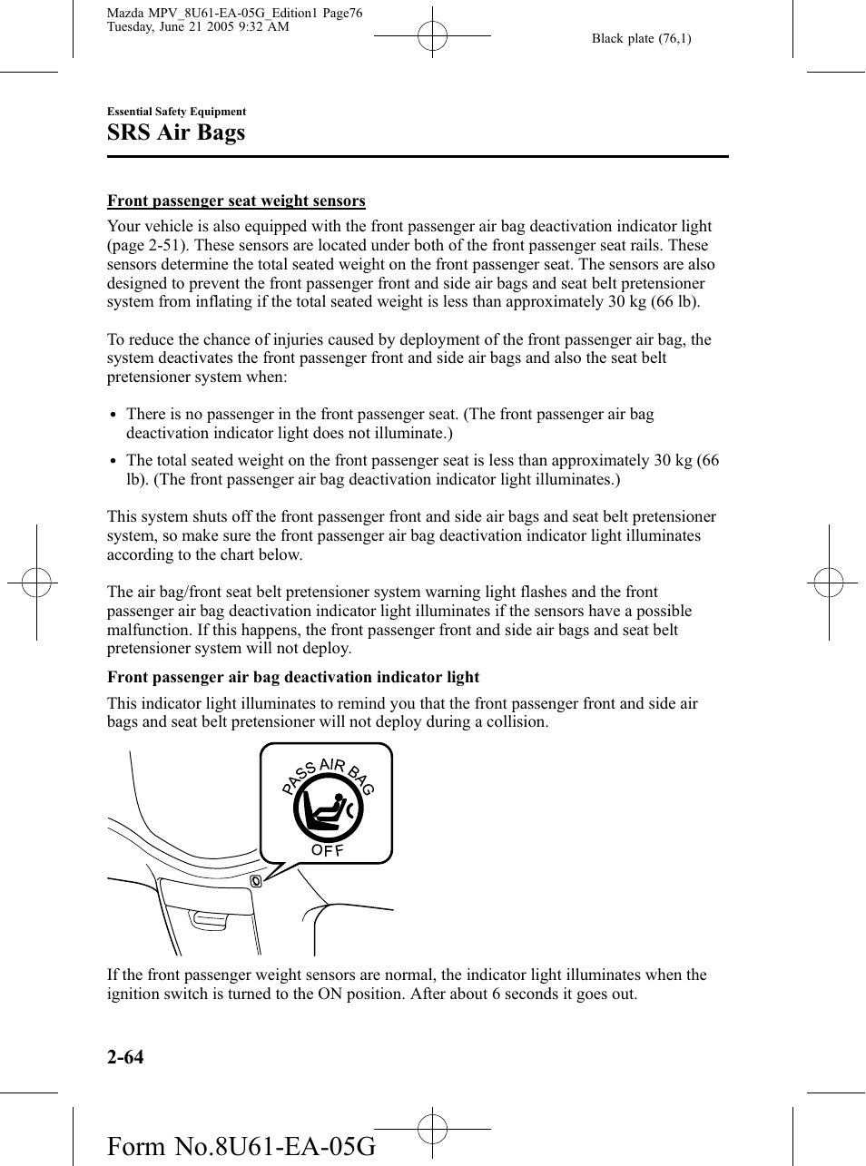 Srs air bags | Mazda 2006 MPV User Manual | Page 76 / 364