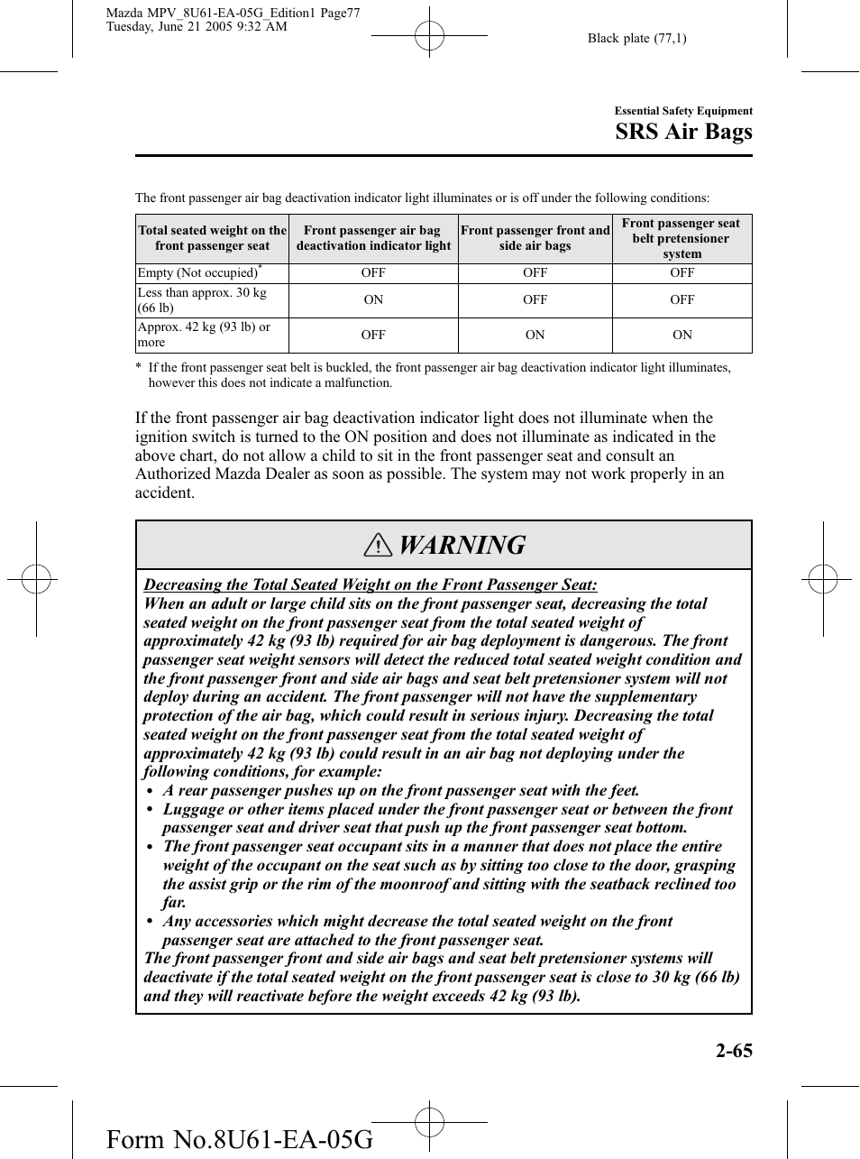 Warning, Srs air bags | Mazda 2006 MPV User Manual | Page 77 / 364