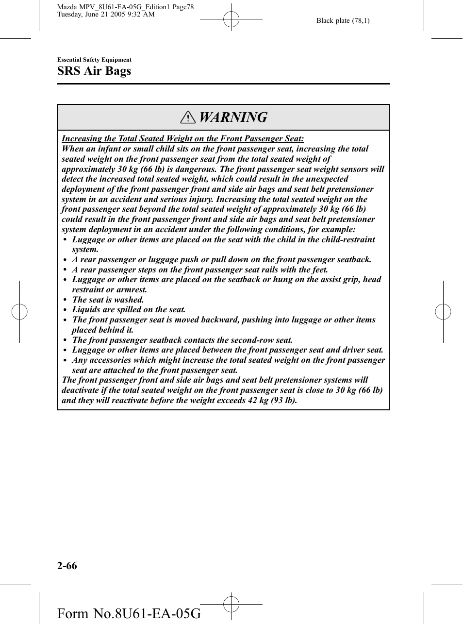 Warning, Srs air bags | Mazda 2006 MPV User Manual | Page 78 / 364