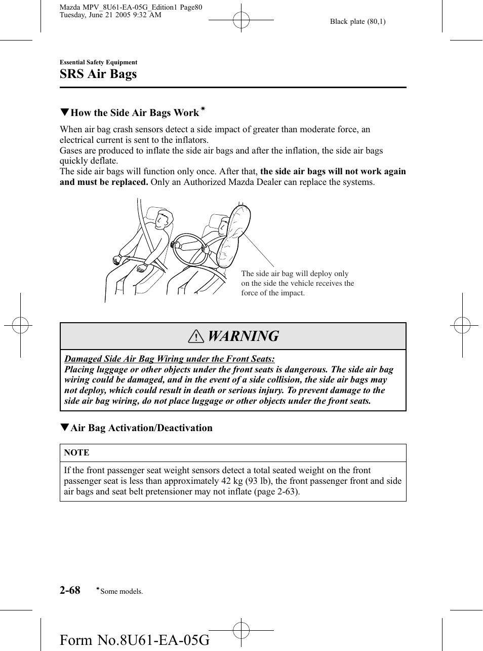 Warning, Srs air bags | Mazda 2006 MPV User Manual | Page 80 / 364