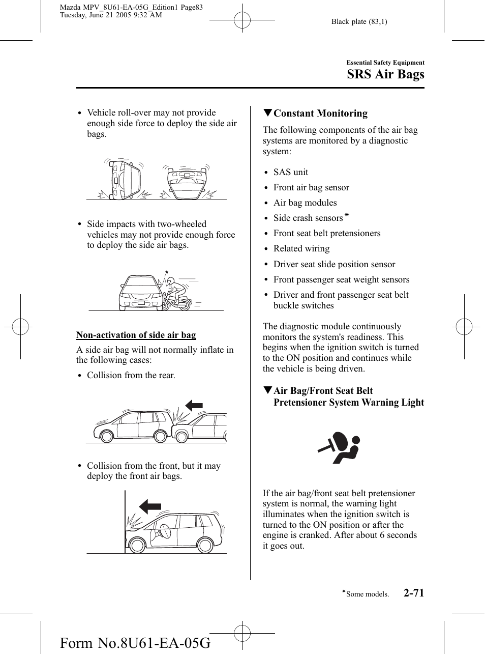 Srs air bags, Qconstant monitoring | Mazda 2006 MPV User Manual | Page 83 / 364