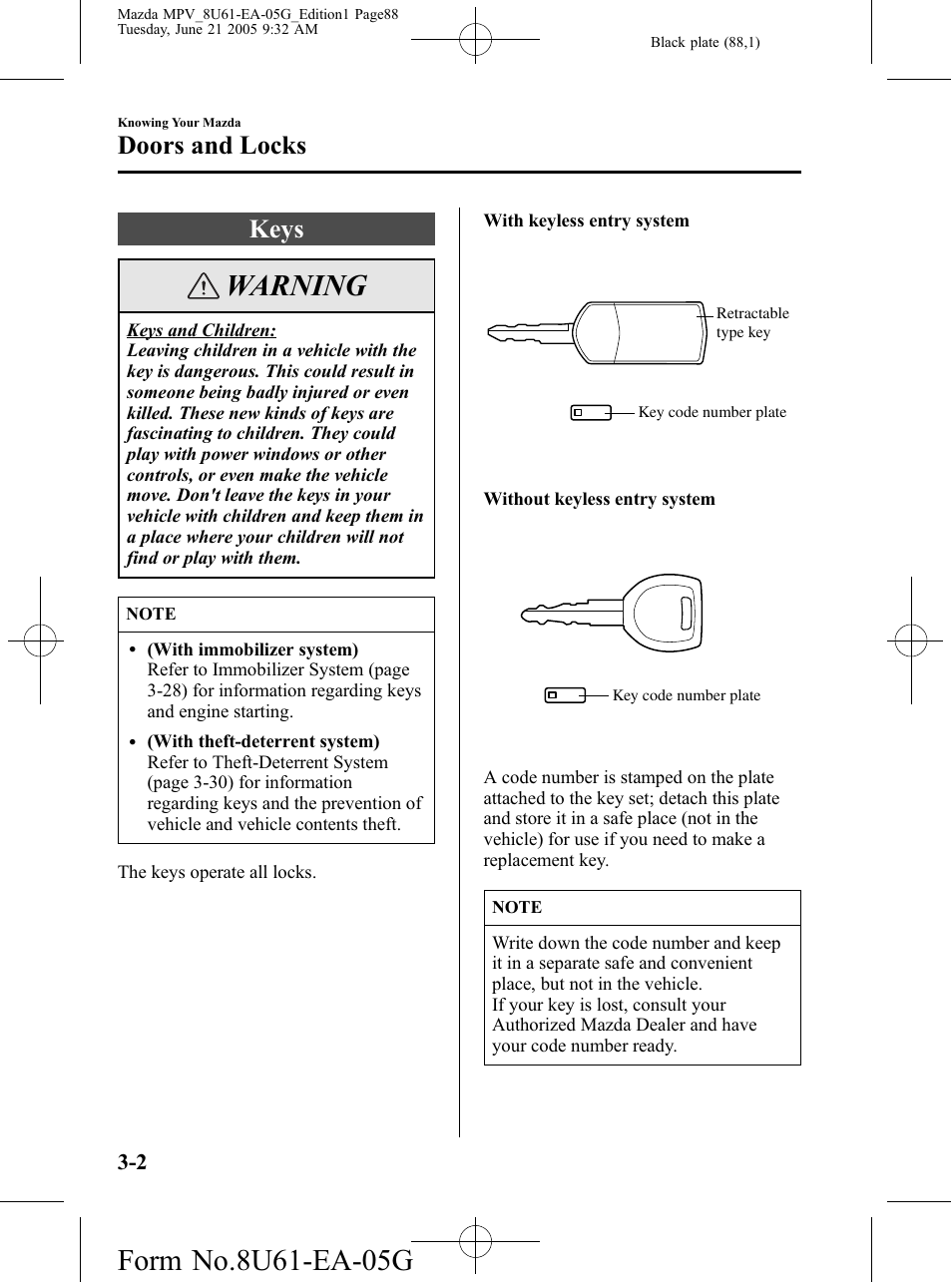 Doors and locks, Keys, Doors and locks -2 | Keys -2, Warning | Mazda 2006 MPV User Manual | Page 88 / 364