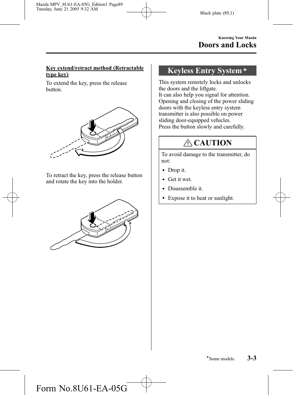 Keyless entry system, Caution, Doors and locks | Mazda 2006 MPV User Manual | Page 89 / 364