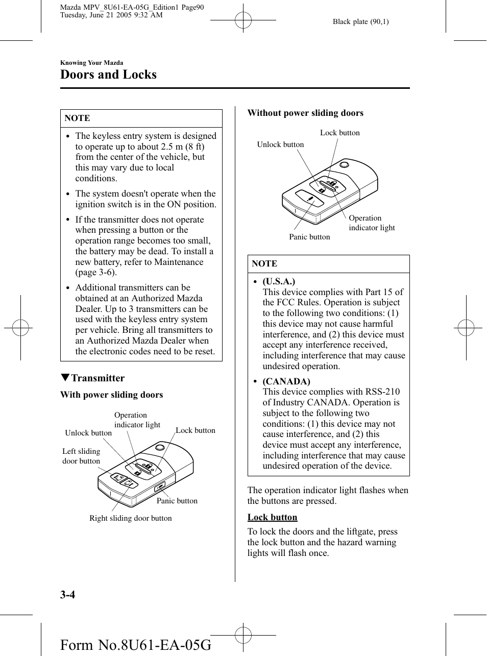 Doors and locks, Qtransmitter | Mazda 2006 MPV User Manual | Page 90 / 364