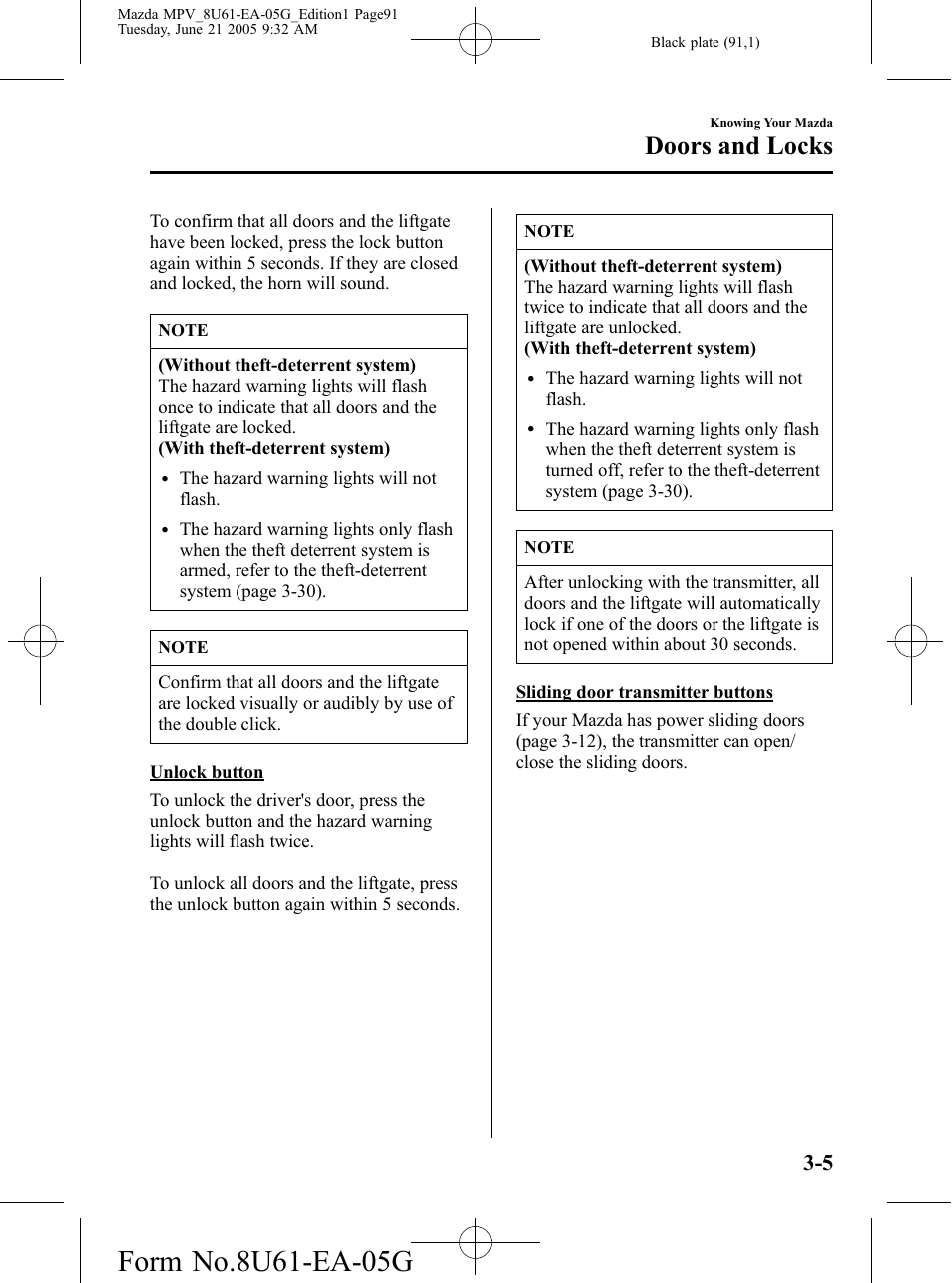 Doors and locks | Mazda 2006 MPV User Manual | Page 91 / 364