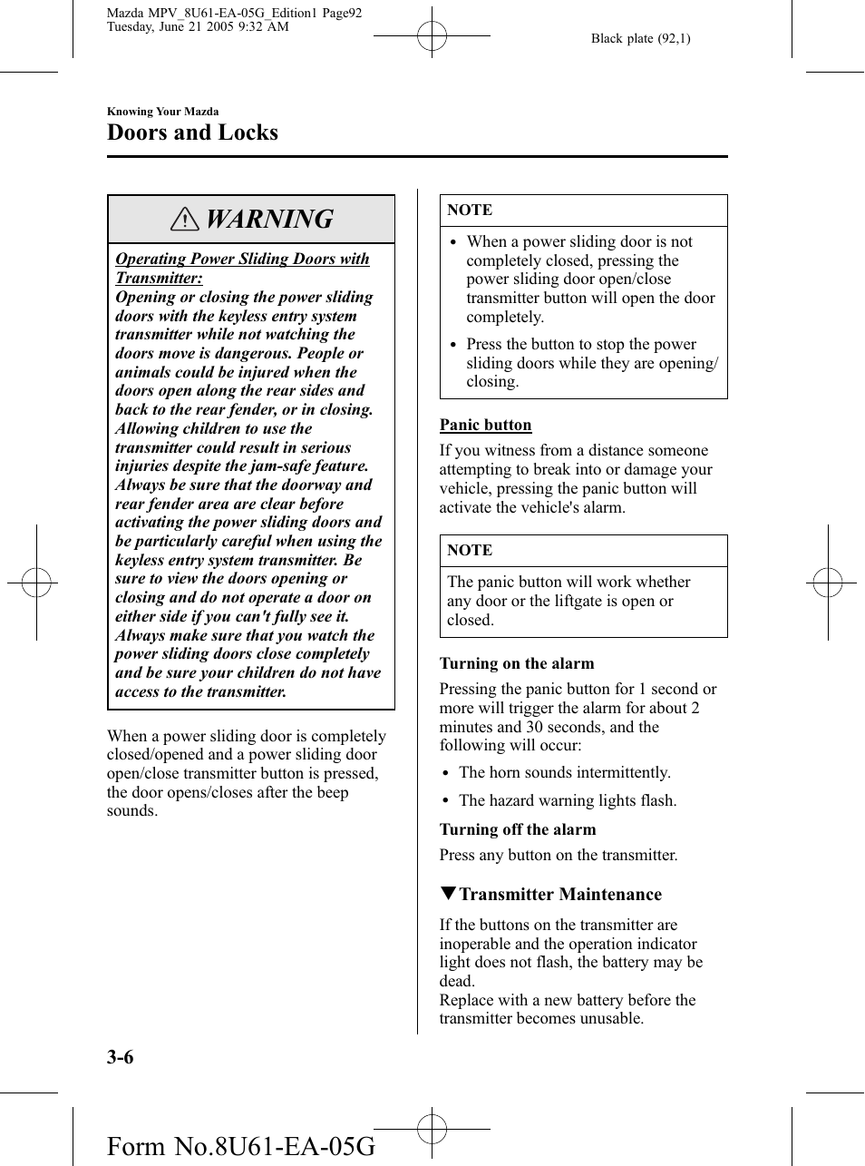 Warning, Doors and locks | Mazda 2006 MPV User Manual | Page 92 / 364