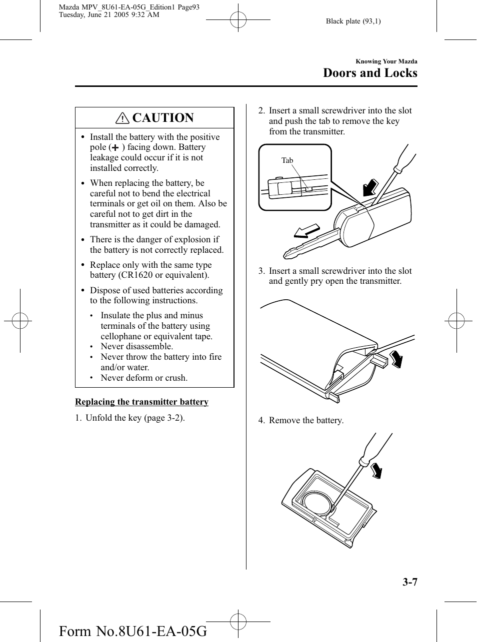 Caution, Doors and locks | Mazda 2006 MPV User Manual | Page 93 / 364