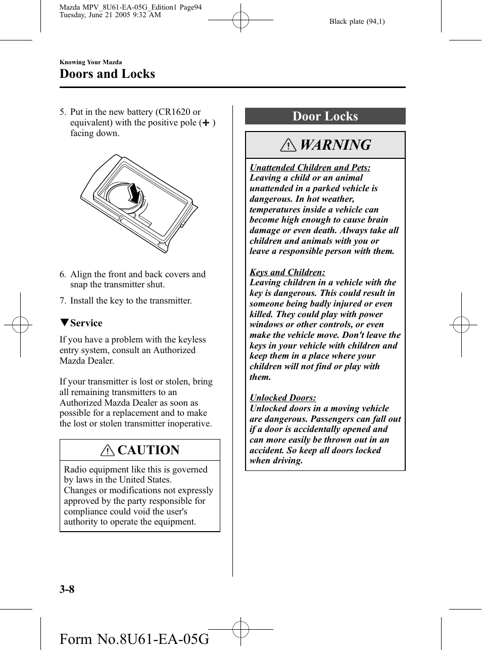 Door locks, Door locks -8, Warning | Caution, Doors and locks | Mazda 2006 MPV User Manual | Page 94 / 364