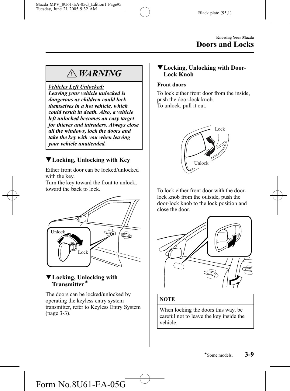 Warning, Doors and locks | Mazda 2006 MPV User Manual | Page 95 / 364