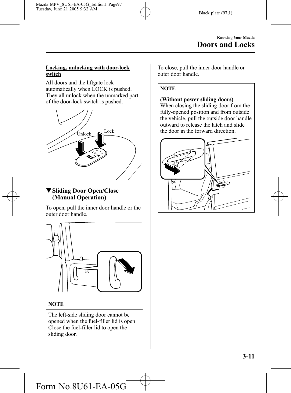 Doors and locks | Mazda 2006 MPV User Manual | Page 97 / 364