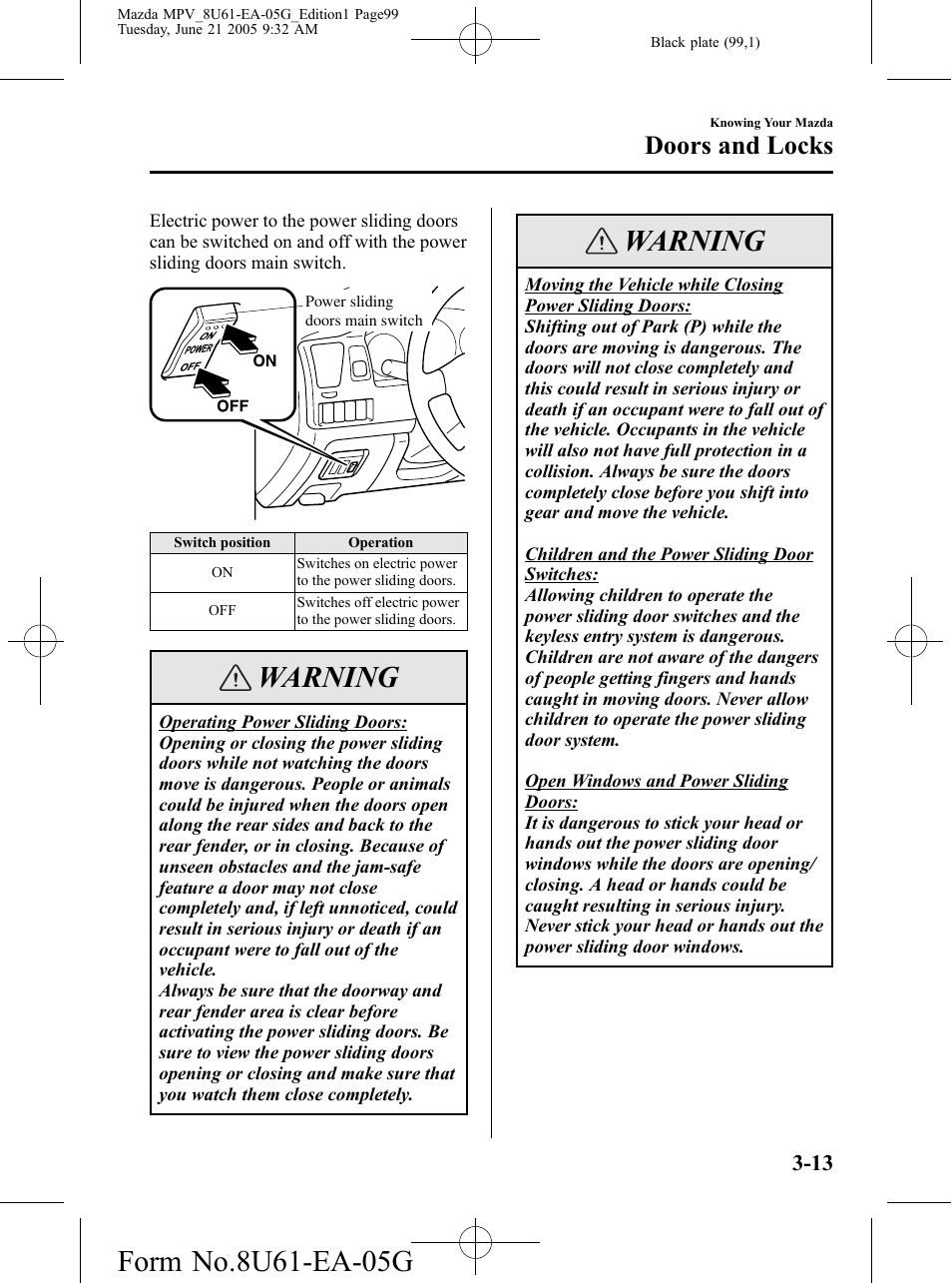 Warning, Doors and locks | Mazda 2006 MPV User Manual | Page 99 / 364