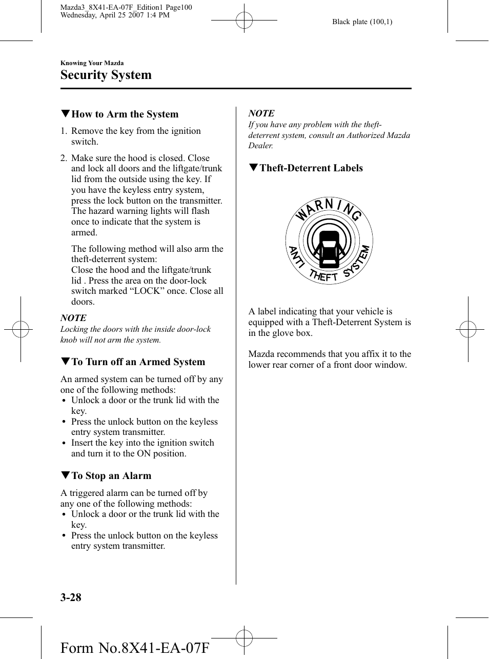 Security system | Mazda 2008 3 4-DOOR User Manual | Page 100 / 452