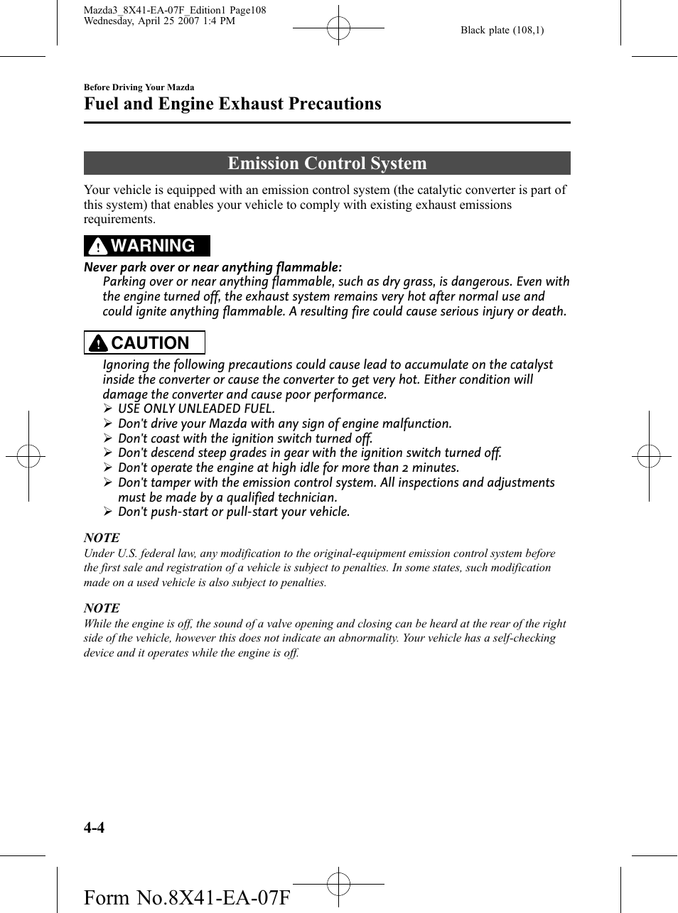 Emission control system, Emission control system -4, Fuel and engine exhaust precautions | Warning, Caution | Mazda 2008 3 4-DOOR User Manual | Page 108 / 452