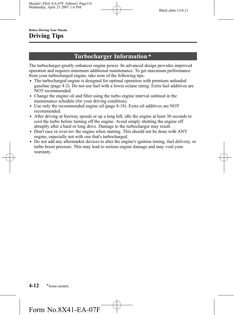 Turbocharger information, Driving tips | Mazda 2008 3 4-DOOR User Manual | Page 116 / 452