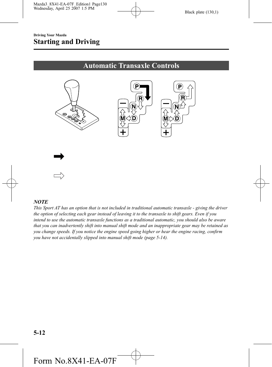 Automatic transaxle controls, Automatic transaxle controls -12, Starting and driving | Mazda 2008 3 4-DOOR User Manual | Page 130 / 452