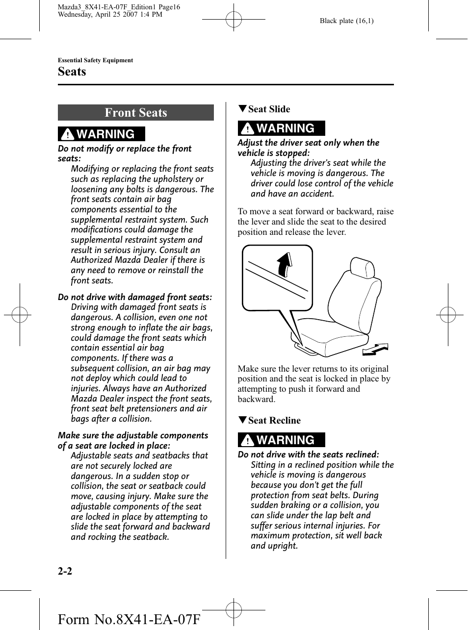 Seats, Front seats, Seats -2 | Front seats -2, Warning | Mazda 2008 3 4-DOOR User Manual | Page 16 / 452